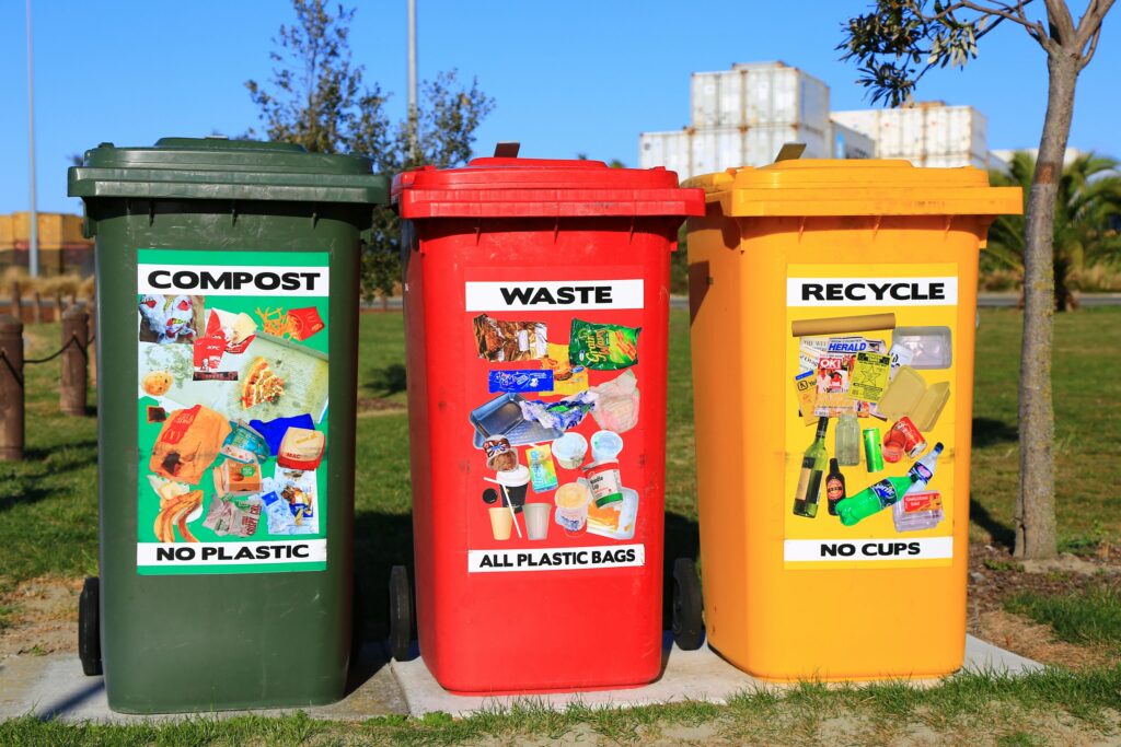 Recycling bin containing sorted recyclable materials, symbolizing sustainable practices